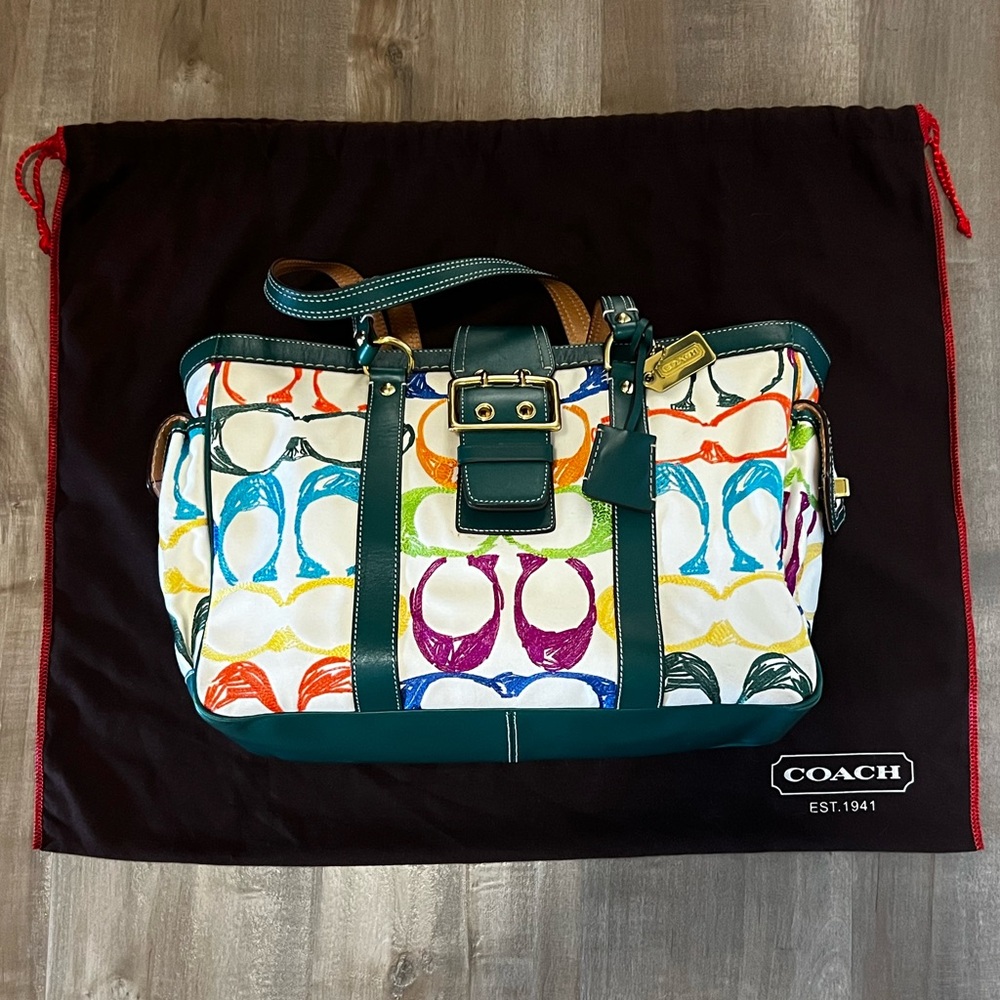 Coach Y2K Green Scribble Multi-Color Tote Shoulder Bag 1860